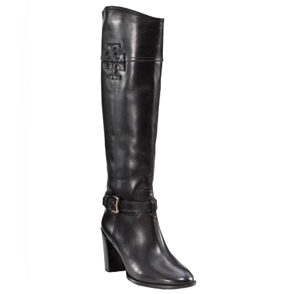 Women’s Tory Burch Blaire Tall Riding Boot Black Gold Buckle Logo Stacked Heel